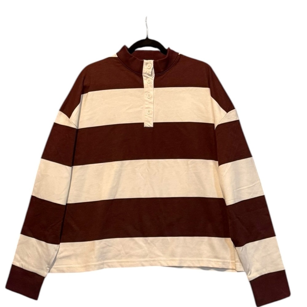 Antigua Crop Striped Rugby Shirt 2XL Burgundy White Boxy Long Sleeve Pullover